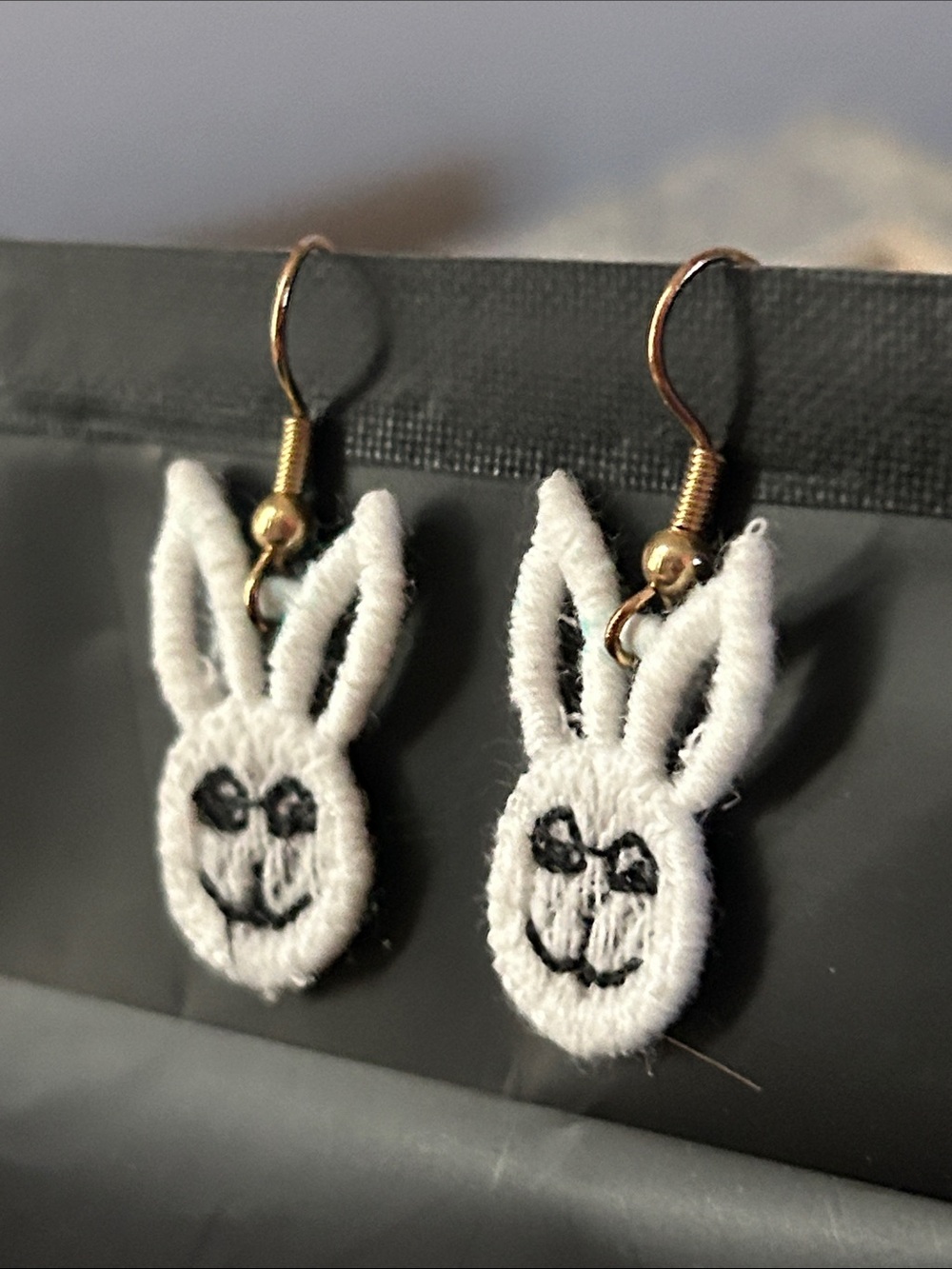 Lace Embroidery White Bunny Ears Smiley Face Dangle - Cute Whimsical Earrings